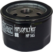Load image into Gallery viewer, Hiflofiltro Oil Filter 550-0565 for motorcycle, showing the cylindrical filter with branding and specifications.