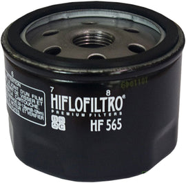 Hiflofiltro Oil Filter 550-0565 for motorcycle, showing the cylindrical filter with branding and specifications.