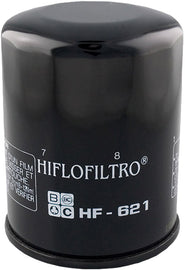 Hiflofiltro Oil Filter 550-0621, a replacement oil filter for motorcycles, showing the filter with branding and packaging.
