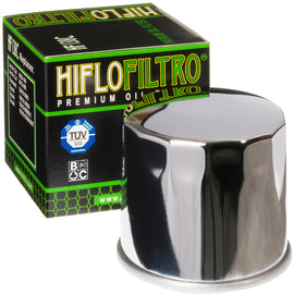 Hiflofiltro chrome oil filter 550-0138C, motorcycle oil filter with durable chrome finish and precise fit for optimal engine protection.