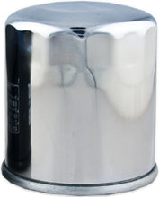 Load image into Gallery viewer, Hiflofiltro Chrome Oil Filter 550-0303C for motorcycle engine, showcasing the shiny, durable metal design.