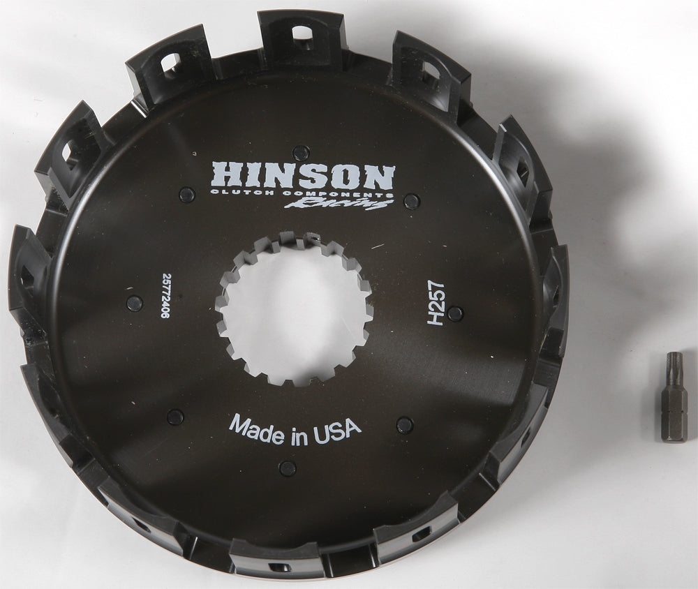 Hinson billet clutch basket for Suzuki and Kawasaki motorcycles, durable metal construction, detailed close-up view.