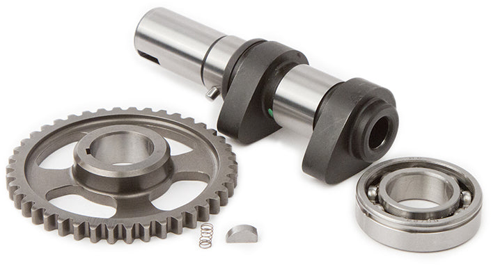 Hot Cams Racing Cam Stage 1 engine component for motorcycle, featuring metal construction and branding in a close-up shot.
