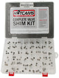 Hot Cams Valve Shim Kit 141pc for Honda, Kawasaki, Suzuki, Yamaha engine parts, showing various valve shims and tools.