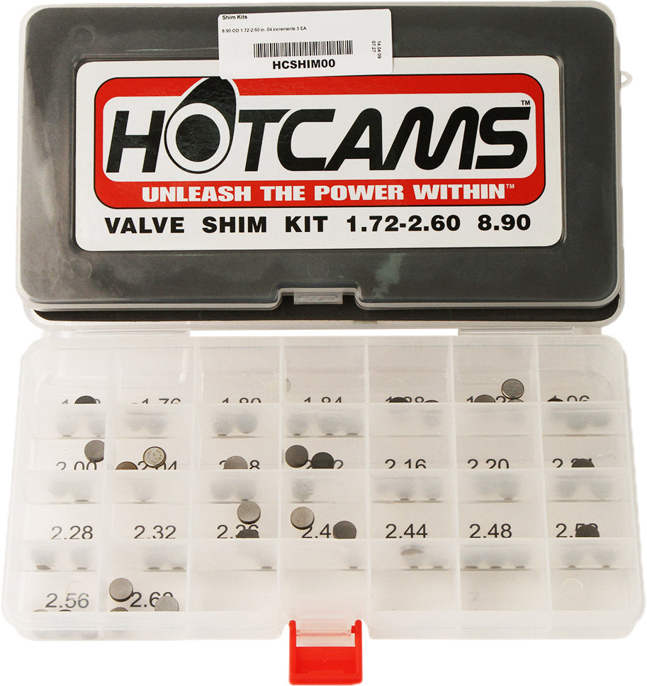 Hot Cams Valve Shim Kit 69-piece for KTM engines, including various sizes for engine valve adjustments.