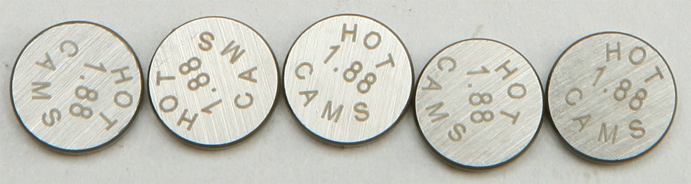 Hot Cams engine valve shims, 8.90x1.88mm, 5-pack, for motorcycle engine maintenance, shown in a close-up image.