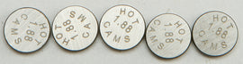 Hot Cams engine valve shims, 8.90x1.88mm, 5-pack, for motorcycle engine maintenance, shown in a close-up image.