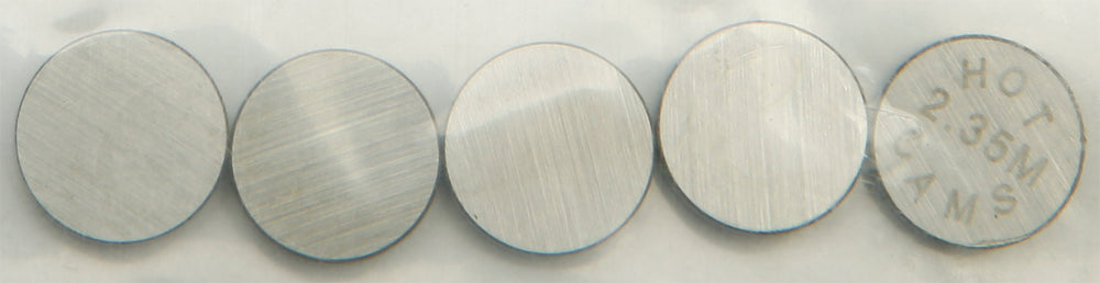 Hot Cams engine valve shims, 9.48x2.35mm, 5-pack, ideal for motorcycle engine maintenance and valve adjustment.