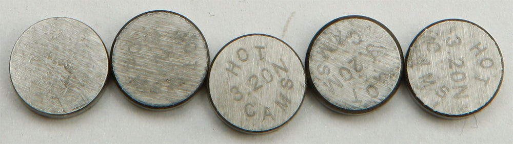 Hot Cams engine valve shims, 9.48x3.20mm, set of 5, for motorcycle engines, with visible shiny metal finish and precise sizing
