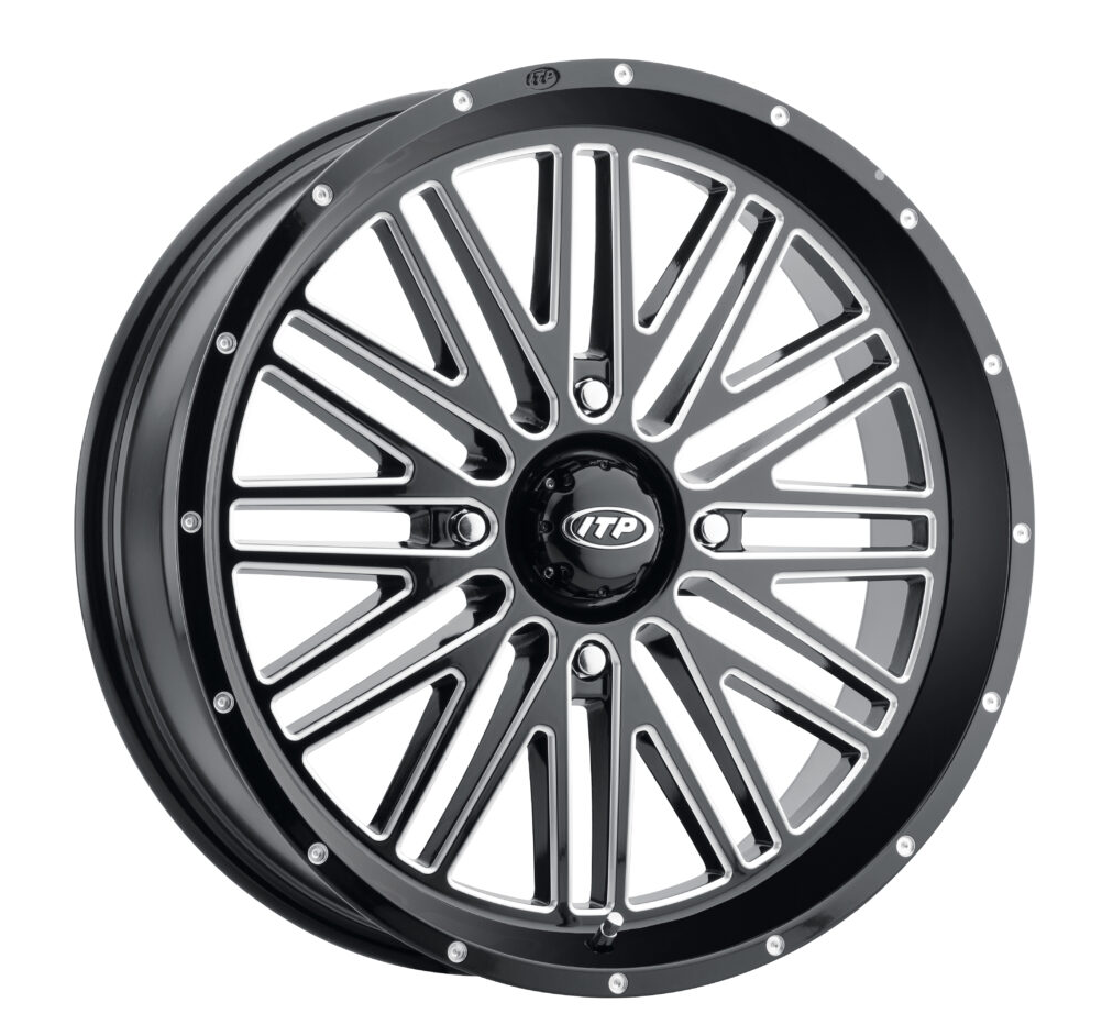 Black ITP Momentum Wheel 18x6.5 with 4/137 bolt pattern and +2.5 offset, featuring a 10mm offset for off-road vehicles.