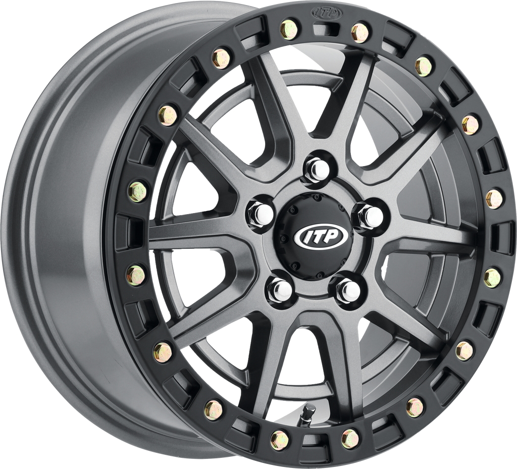 ITP SD10 grey and black wheel ring, 15x7 inches with 5/4.5 bolt pattern and 6+1 offset, designed for off-road vehicles.