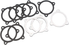 Load image into Gallery viewer, James Gasket air cleaner backplate paper gasket for touring bikes, 10-pack, with black gasket material and mounting holes.