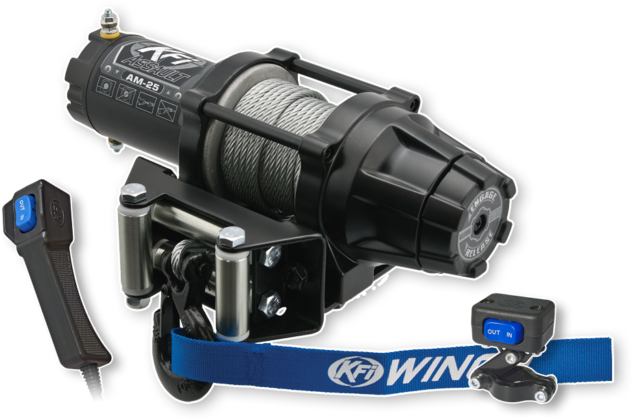 KFI Products Steel Cable Assault Series Winch with 2500lb capacity, black metal frame and steel cable for off-road or recovery use.