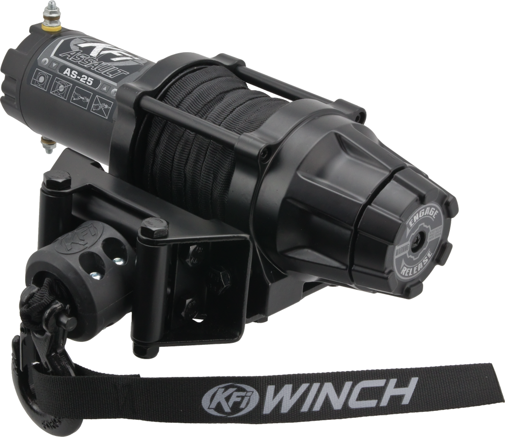 KFI Products 2500lb Synthetic Assault Series Winch with black synthetic rope and metal mounting plate, designed for off-road use.