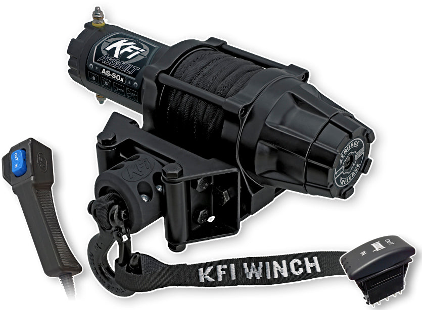 KFI Products 5000lb Assault Series Winch mounted on off-road vehicle, showing rugged metal construction and control cable.