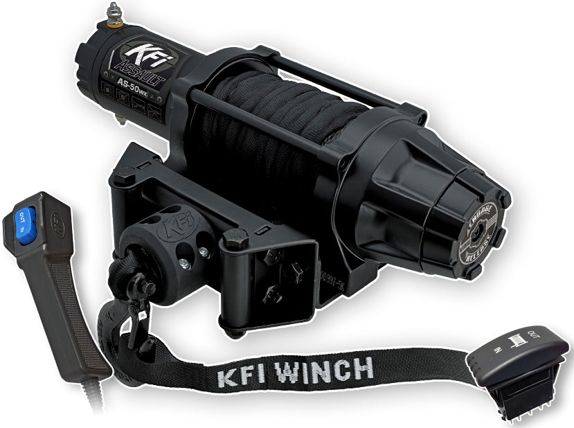 KFI Products 5000lb Wide Assault Series Winch mounted on off-road vehicle, featuring durable metal construction and synthetic rope.