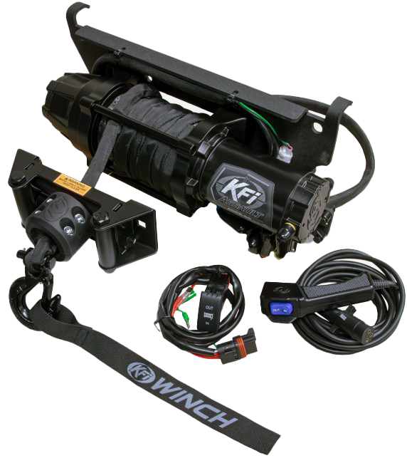 KFI Products Assault 5000lbs winch with steel cable and mounting plate, designed for off-road vehicle recovery.