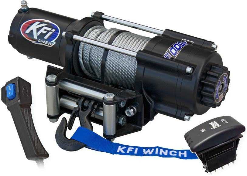 KFI Products Wide 4500 lb UTV winch with steel cable and mounting plate for off-road vehicle recovery.