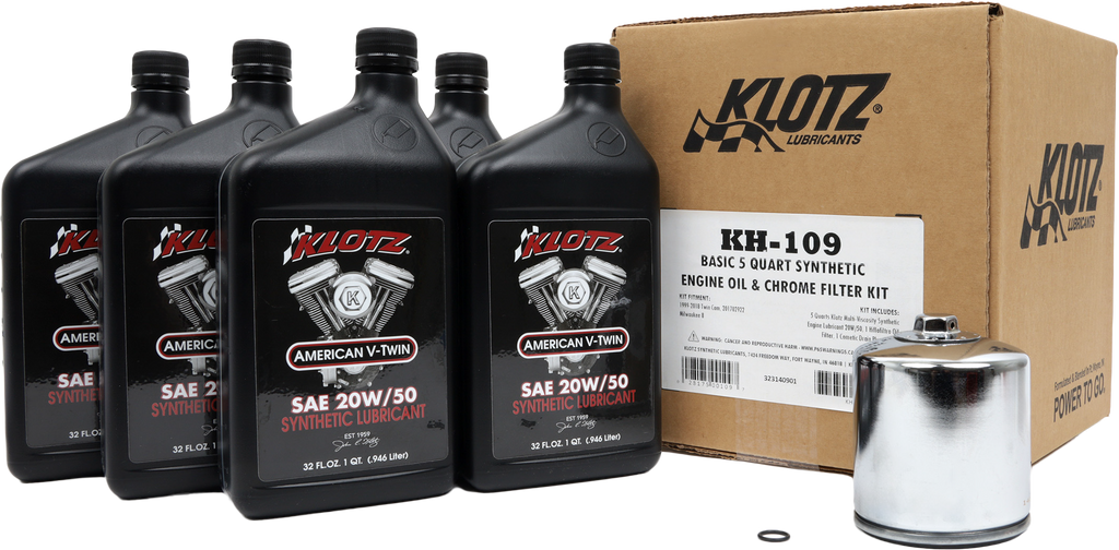 Klotz Oil Basic Harley Davidson 5-quart synthetic oil change kit with oil and filters for motorcycle maintenance