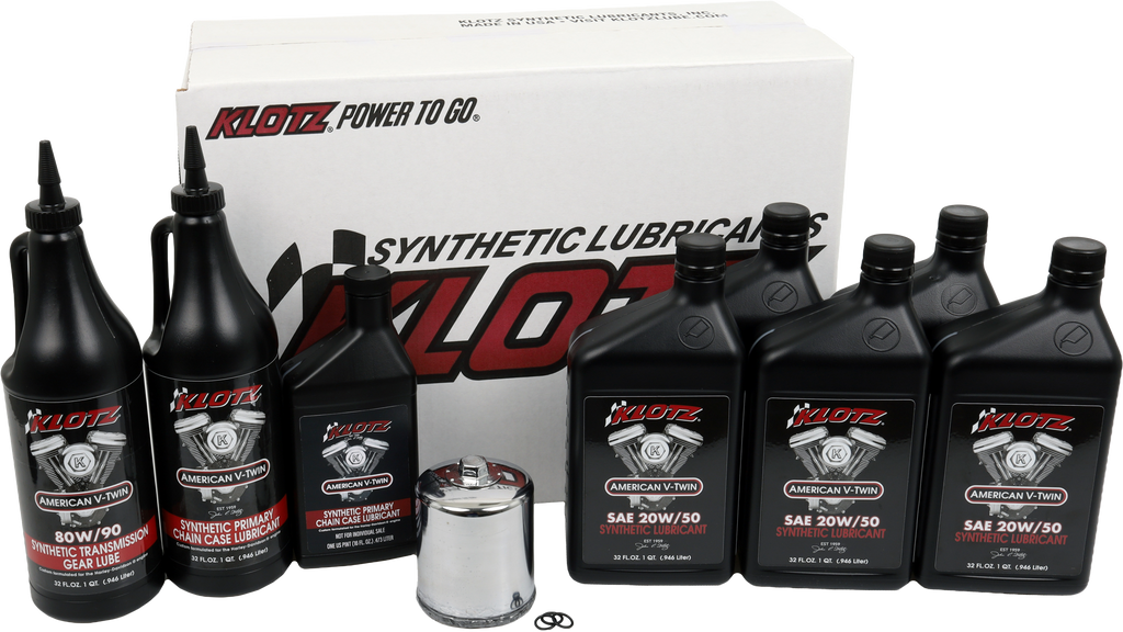 Klotz Oil Premium Harley Davidson 5-quart synthetic oil change kit with oil bottles and accessories for motorcycle maintenance