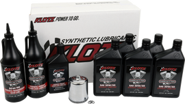 Klotz Oil Premium Harley Davidson 5-quart synthetic oil change kit with motor oil bottles and tools.