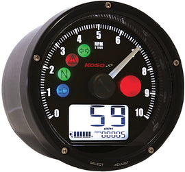 Black Koso North America TNT-01 multifunction speedometer mounted on a motorcycle dashboard, showing digital display and control buttons.