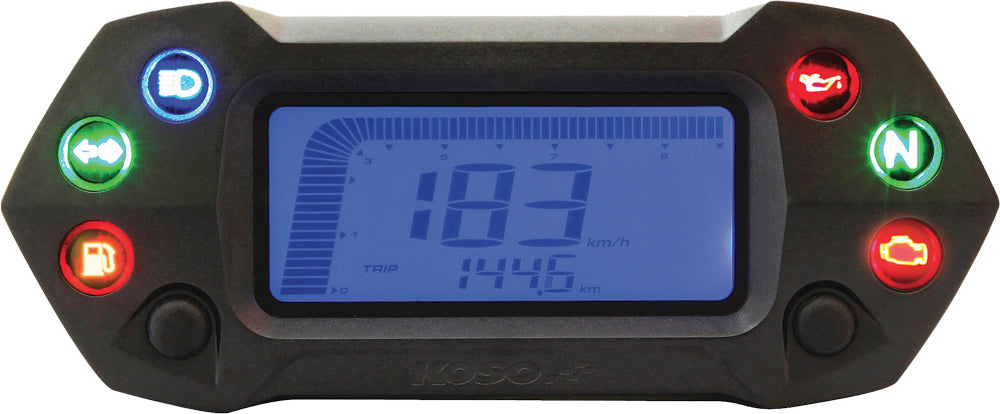 Koso North America DB-01R LCD Speedometer Gauge displaying speed readings on a sleek black and silver dash panel.