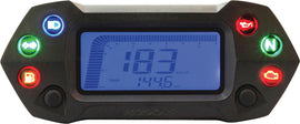 Koso North America DB-01R LCD Speedometer Gauge displaying speed readings on a sleek black and silver dash panel.