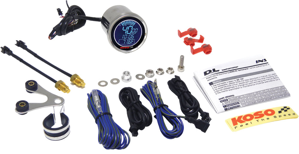 Koso North America DL Tachometer gauge, 27-5762 model, showing digital readout on a sleek black gauge with mounting hardware.