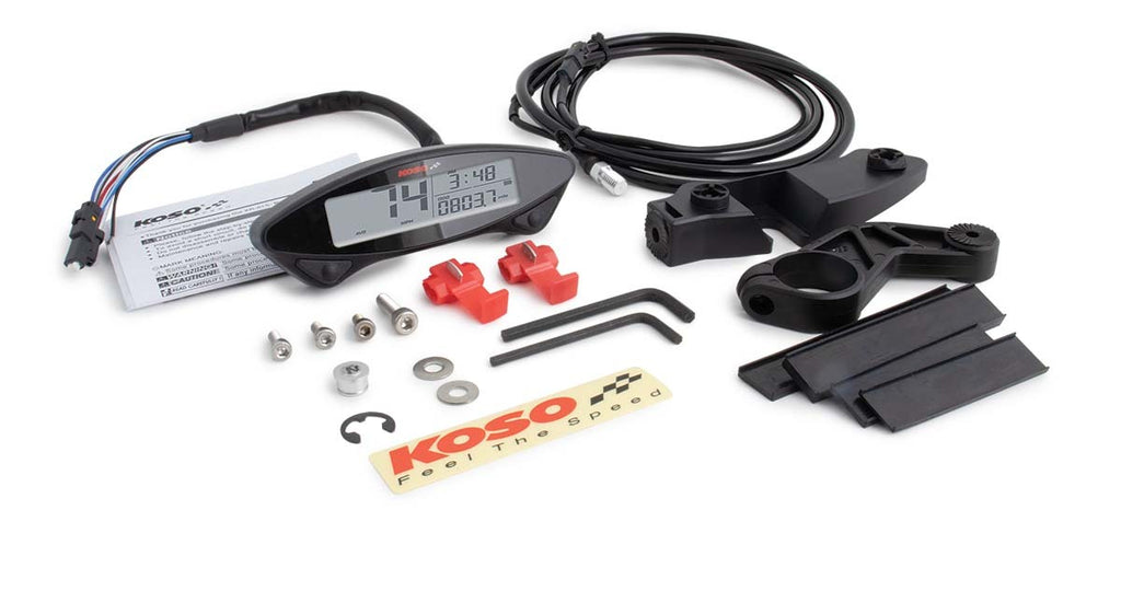 Koso North America Ex-02 speedometer gauge for KTM motorcycles, showing digital display and mounting hardware.