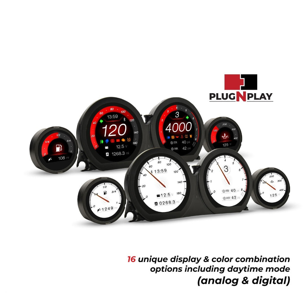 Koso North America HD-03X 4-piece gauge kit for touring motorcycles, includes speedometer, tachometer, fuel, and temperature gauges.