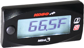 Koso North America Mini 3 ambient air temperature gauge displaying digital temperature readings on a black background
