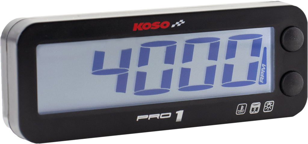 Koso North America Pro 1 RPM and temperature gauge meter showing digital display and control buttons.