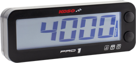 Koso North America Pro 1 RPM and temperature gauge meter showing digital display and control buttons.