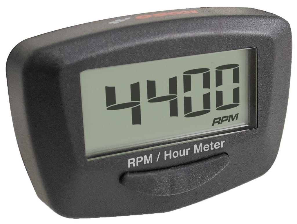 Koso North America Proton RPM and hour meter gauge, black display with digital readout, mounted on a vehicle dashboard.