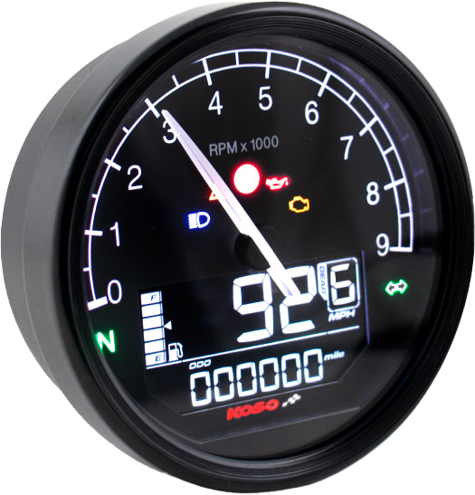 Koso North America TNT-05 D80 multifunction meter gauge showing digital display and control buttons on a black background.