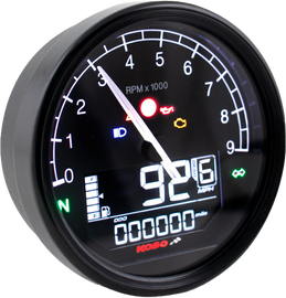 Koso North America TNT-05 D80 multifunction meter gauge showing digital display and control buttons on a black background.