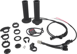 Koso North America heated dirt bike grips for snow bikes, black rubber grips with heating elements for winter riding comfort.