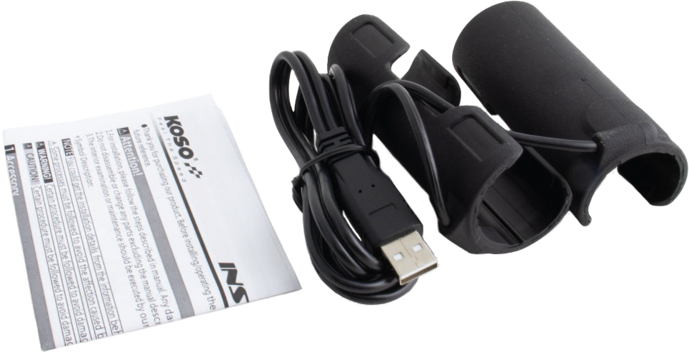 Koso North America X-Claws heated grips clip-on sleeve in black with USB connection, designed for motorcycle handlebar grips.