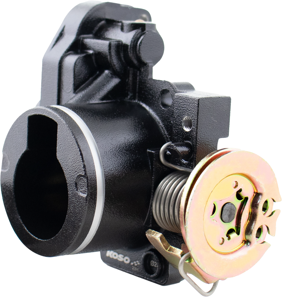 Koso North America 28mm throttle body for intake and fuel systems, model 27-5931, with visible mounting ports and connectors.