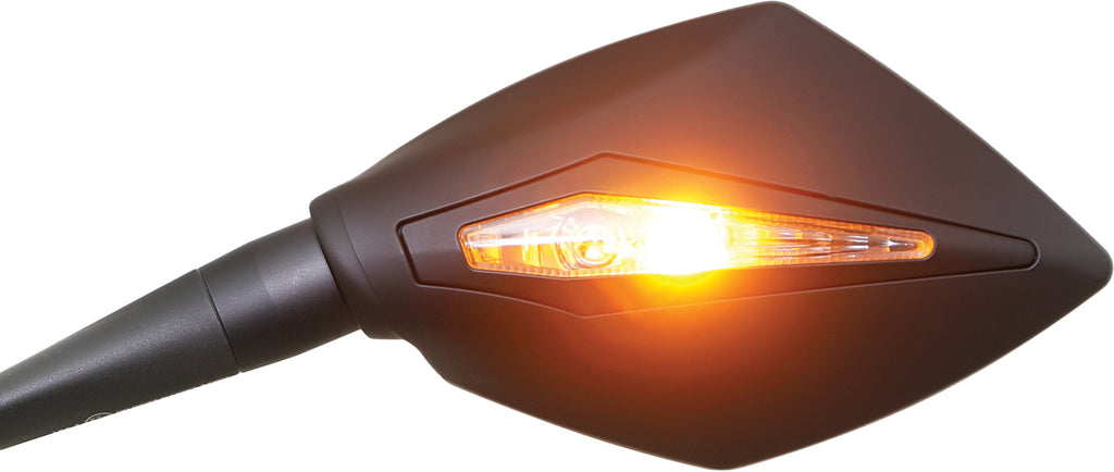 Koso North America Apex M10 motorcycle mirrors with integrated indicators in black, featuring a sleek, modern design.
