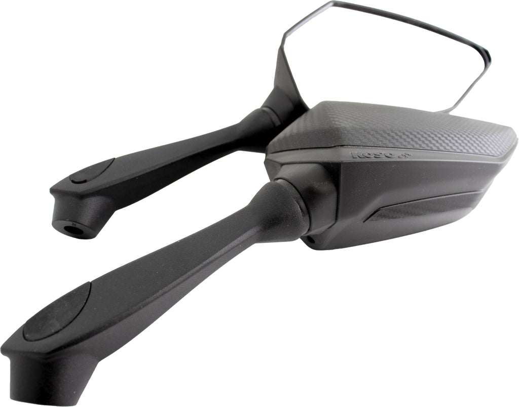 Black Koso North America Sprint Mirrors mounted on a motorcycle handlebar, showcasing sleek design and durable construction.