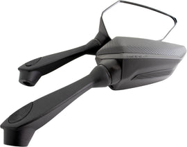 Black Koso North America Sprint Mirrors mounted on a motorcycle handlebar, showcasing sleek design and durable construction.