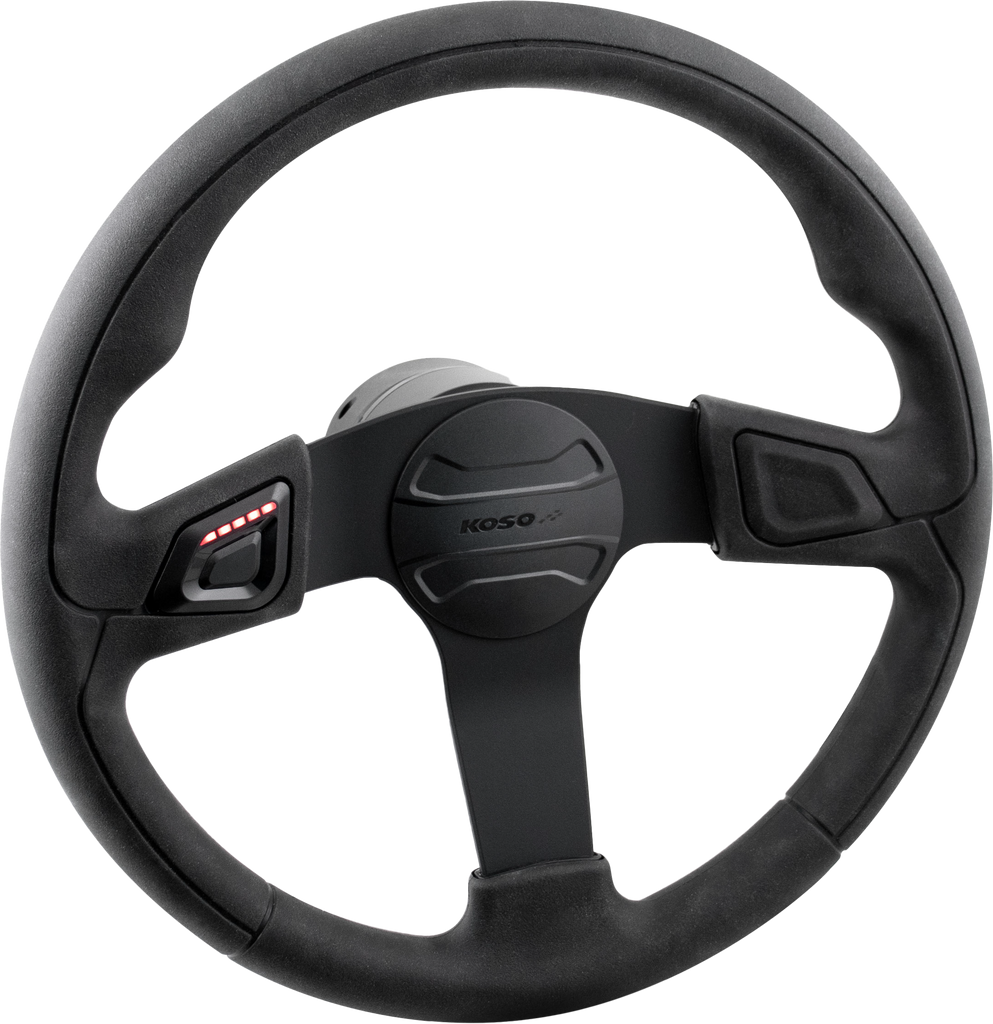 Koso North America heated steering wheel for vehicles, showing the black leather grip and control buttons on the wheel.