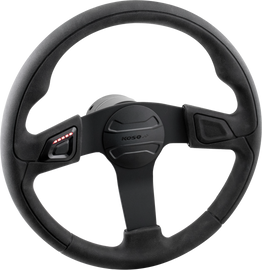 Koso North America heated steering wheel for vehicles, showing the black leather grip and control buttons on the wheel.