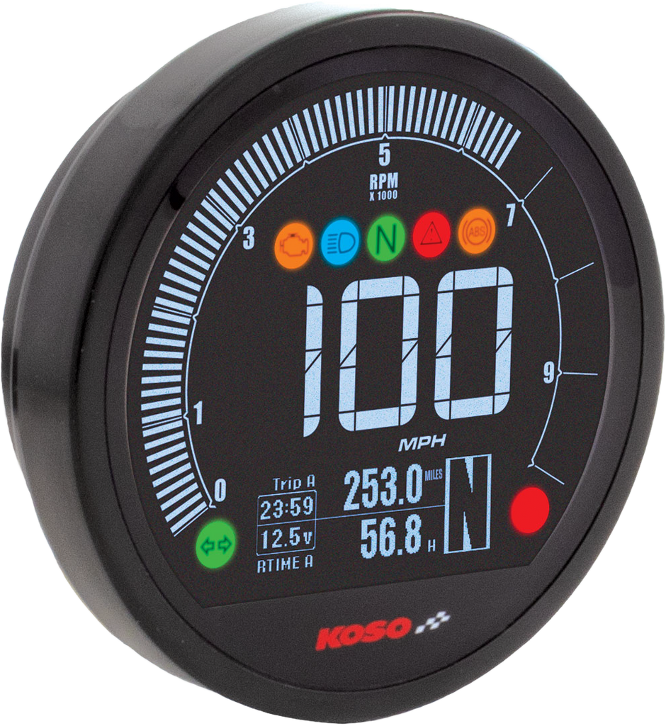 Koso North America DL-04B Speedo Black Yam motorcycle speedometer with digital display and sleek black design.