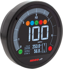 Load image into Gallery viewer, Koso North America DL-04B Speedo Black Yam motorcycle speedometer with digital display and sleek black design.