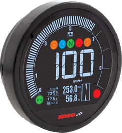 Koso North America DL-04B Speedo Black Yam motorcycle speedometer with digital display and sleek black design.
