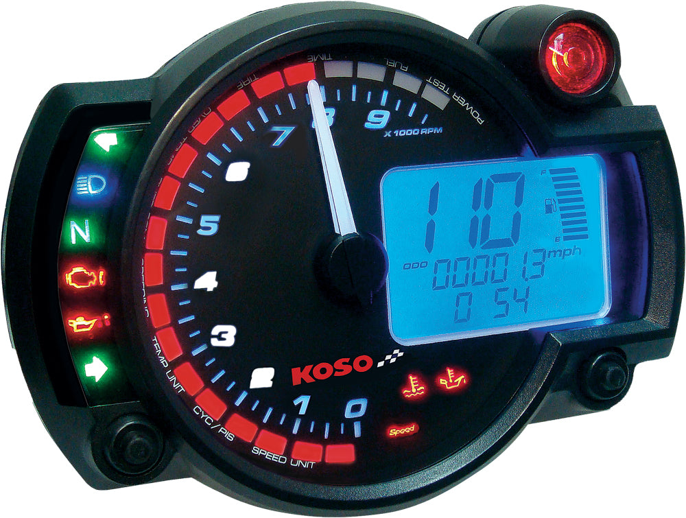 Koso North America GP Style Multi-Function RX-2N Gauge with black panel, 19,000 RPM display, for motorcycle or vehicle dashboard.