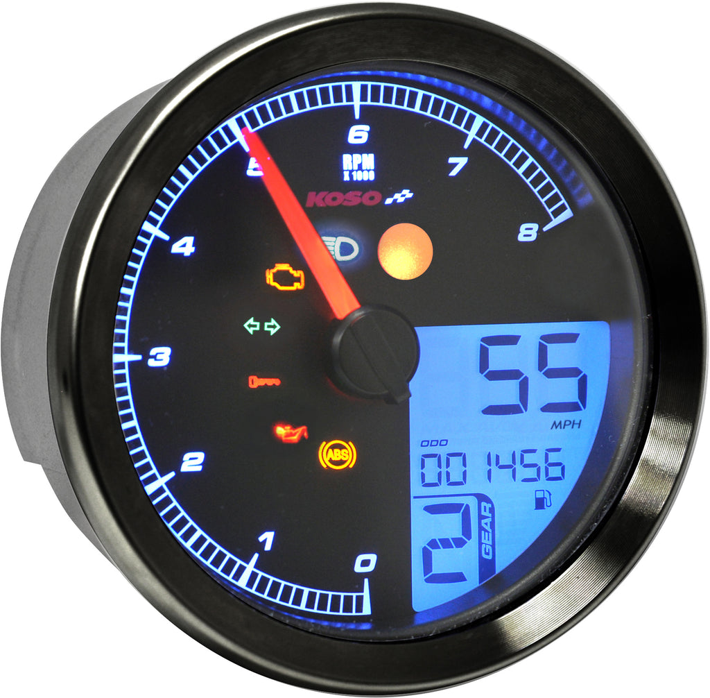 Koso North America Koso TNT-B gauge in black, mounted on a Yamaha bike, showing digital display and control buttons.